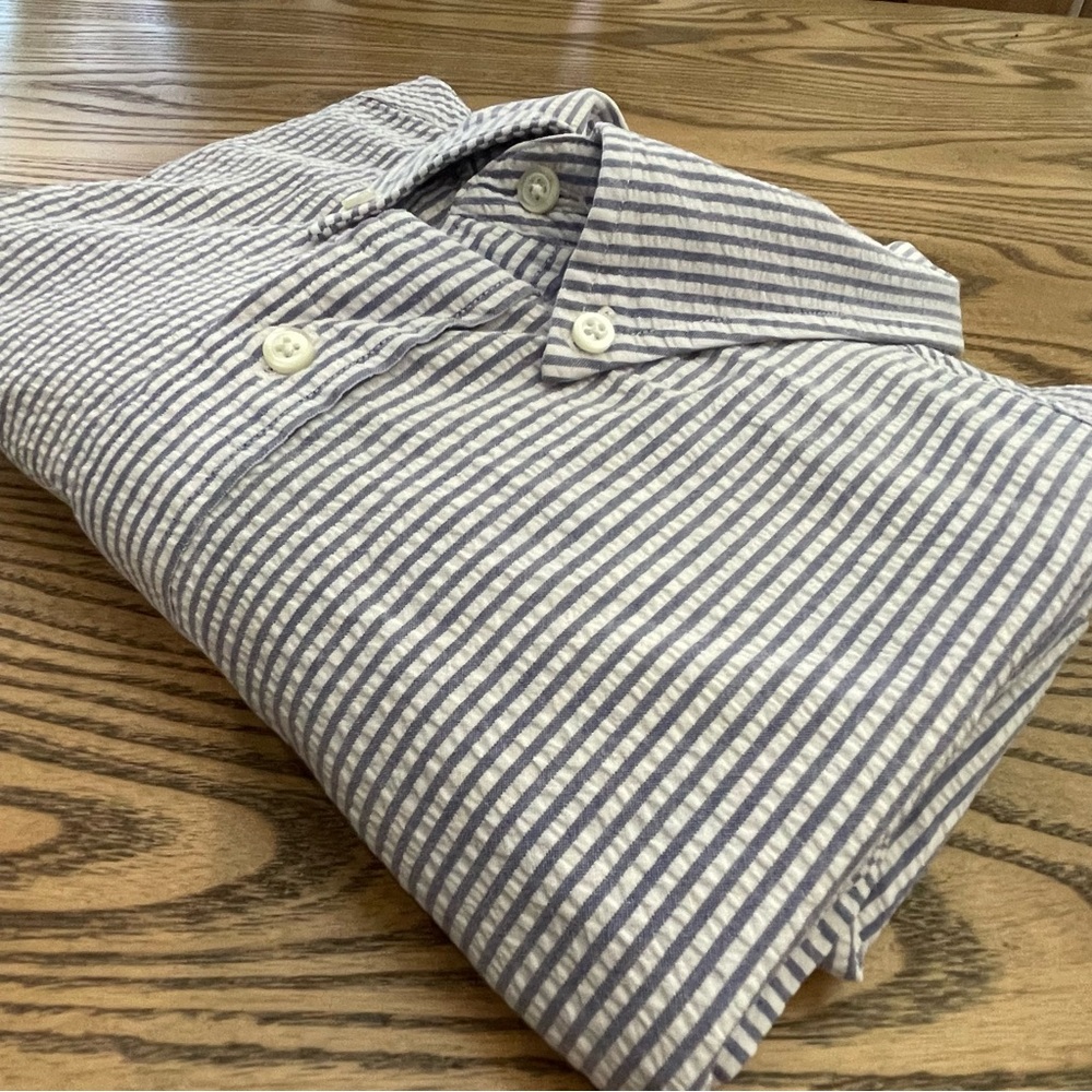 Brooks Brothers Sport Shirt Blue White Striped Button Down Collard Camp